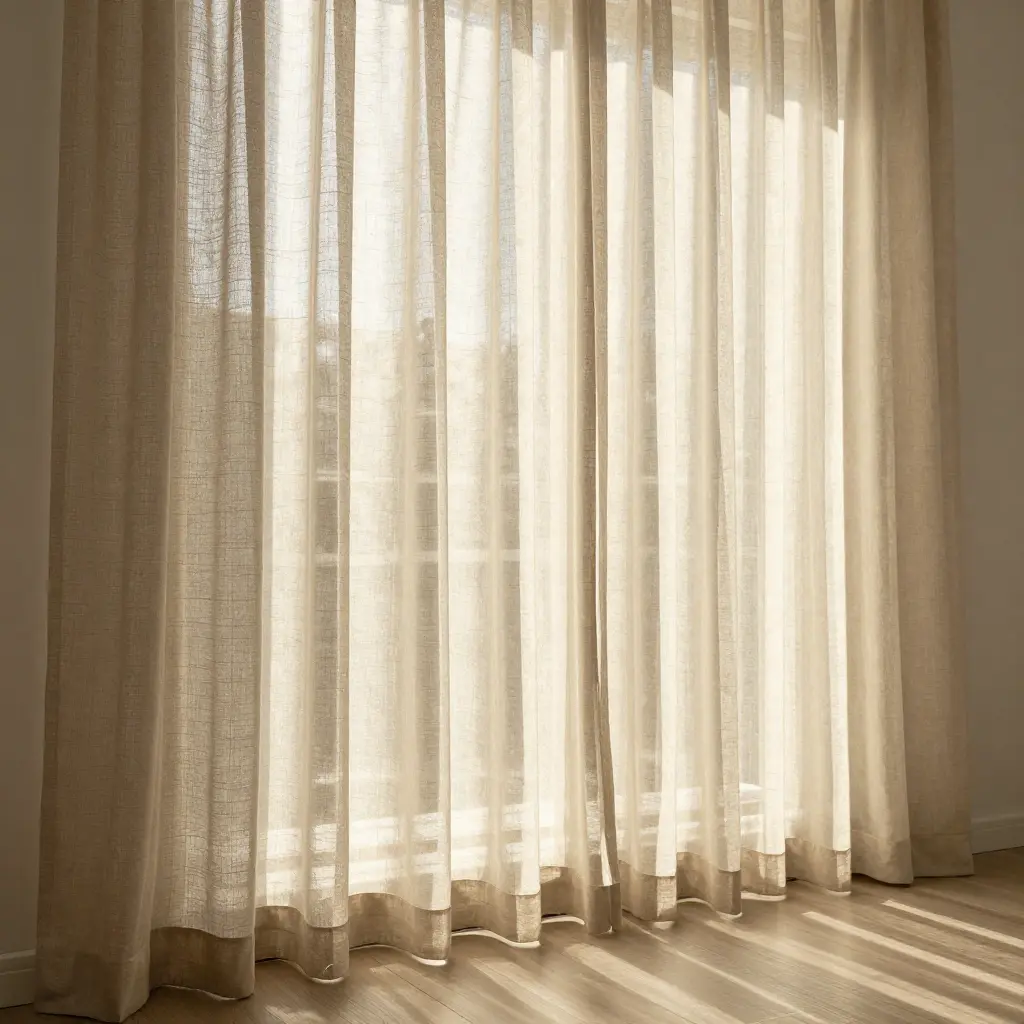 Luxurious floor-to-ceiling sheer linen curtains in warm oatmeal tone filtering golden hour sunlight