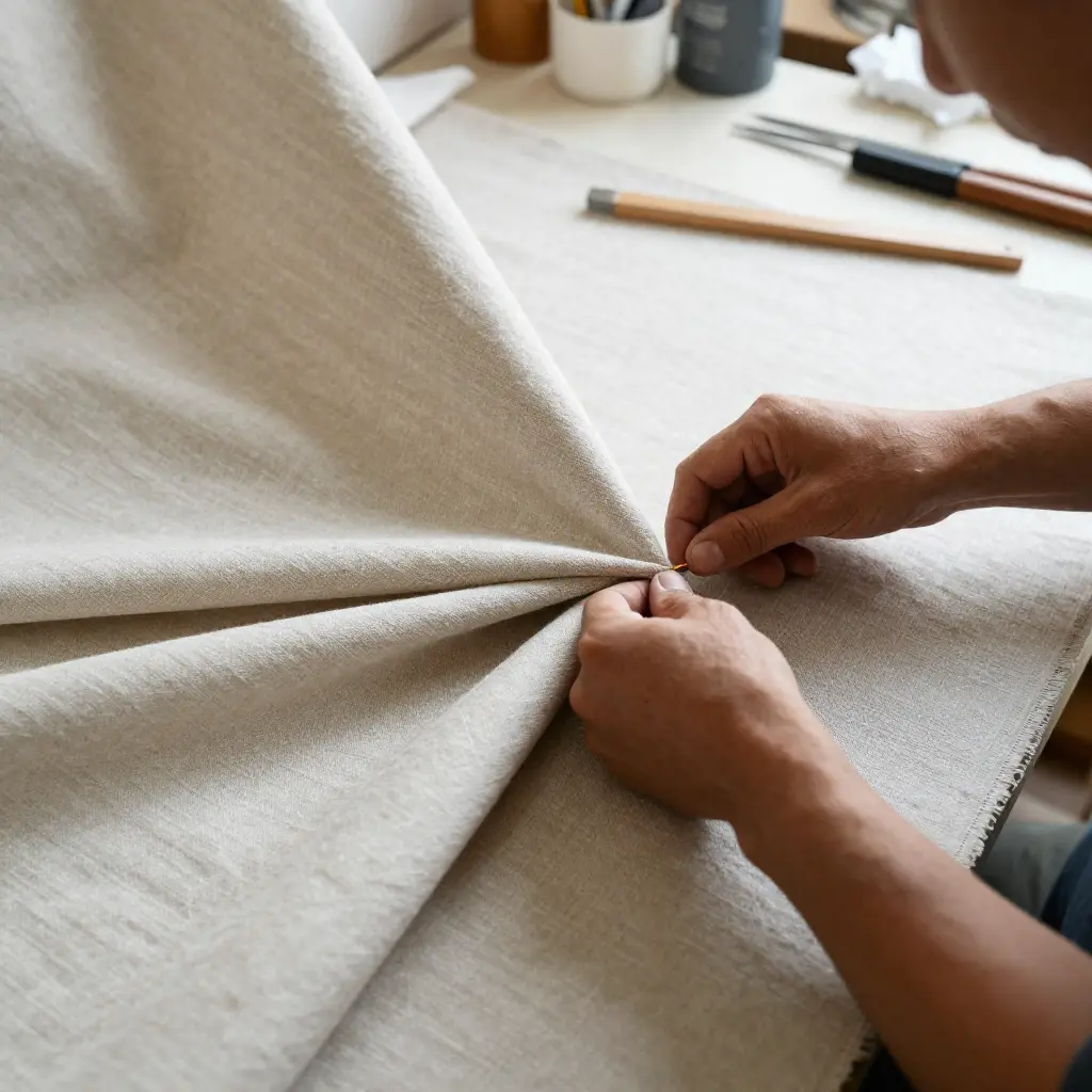 Craftsman working on custom curtain fabric in manufacturing workshop