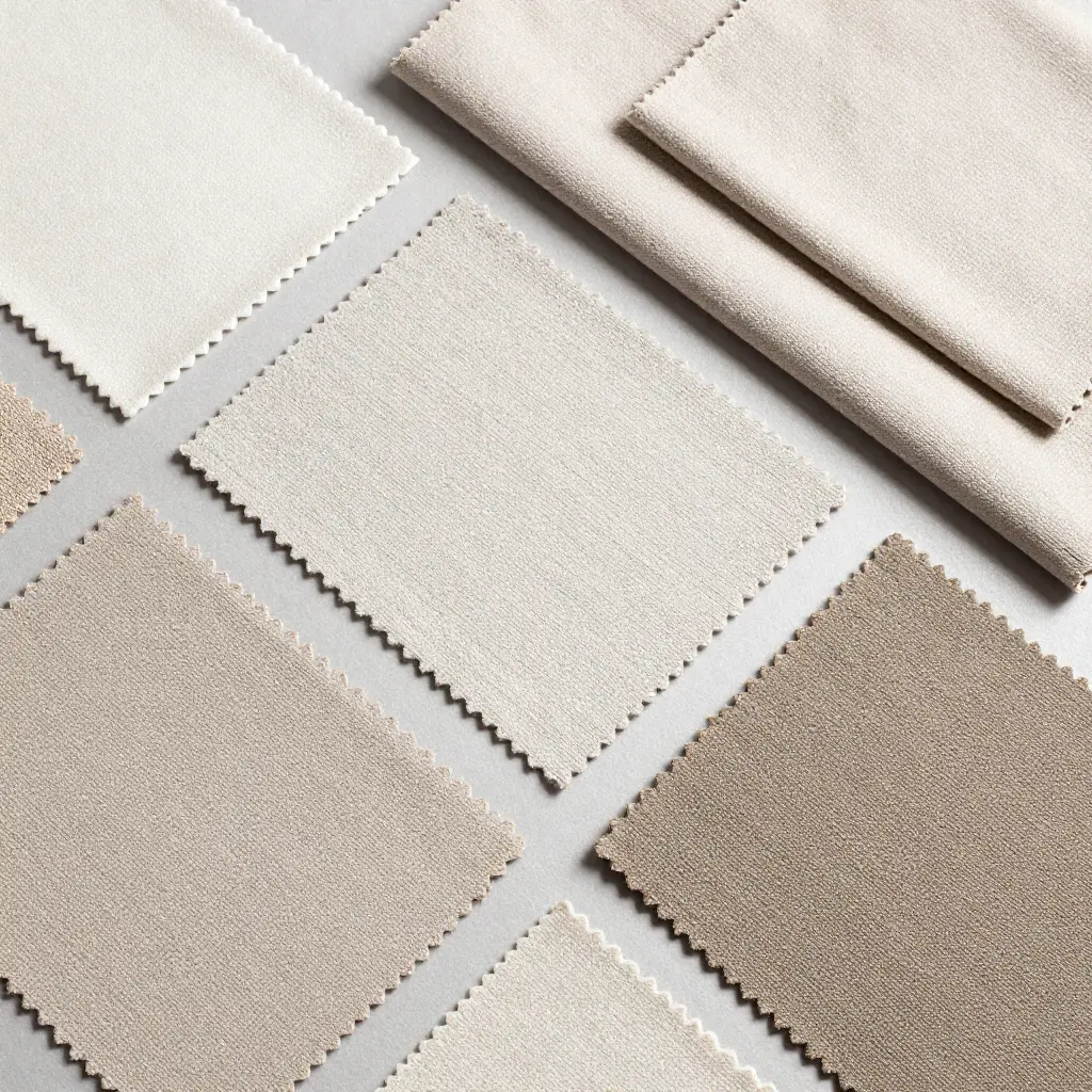 Collection of premium fabric samples in various textures and neutral colors